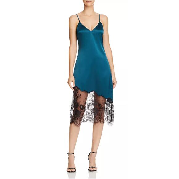CAMI NYC Selena Lace-Inset Silk Slip Dress Teal Blue Midi Going Out Party Size S - Picture 1 of 10